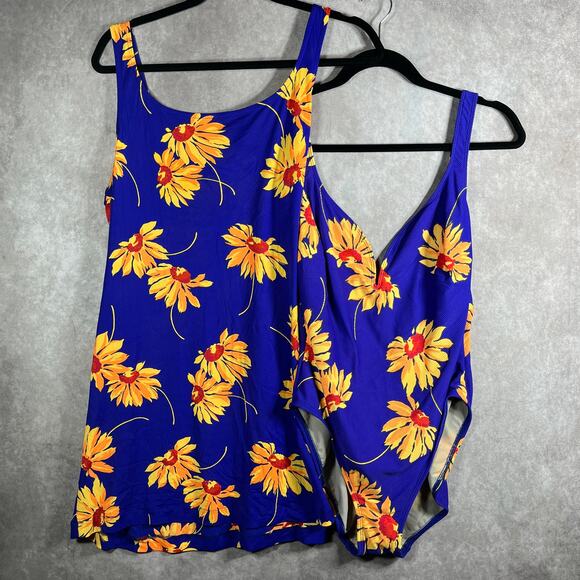 Vintage La Blanca One Piece Cover Up Set Womens 14 Blue‎ Floral Sunflower Beach - Picture 1 of 16